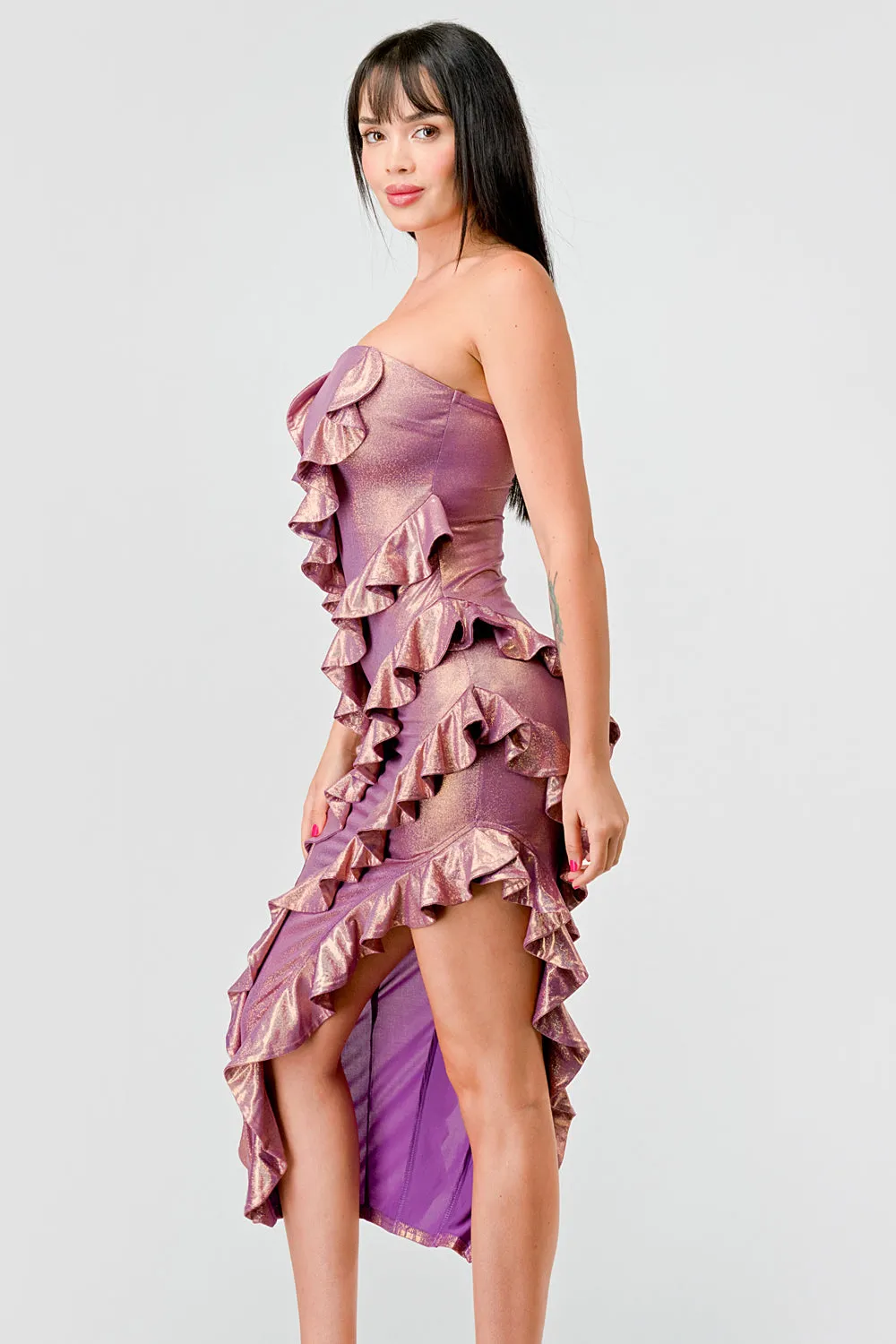 FOILED METALLIC RUFFLED TIERED SLITTED MIDI DRESS sold by privy product image thumbnail 3