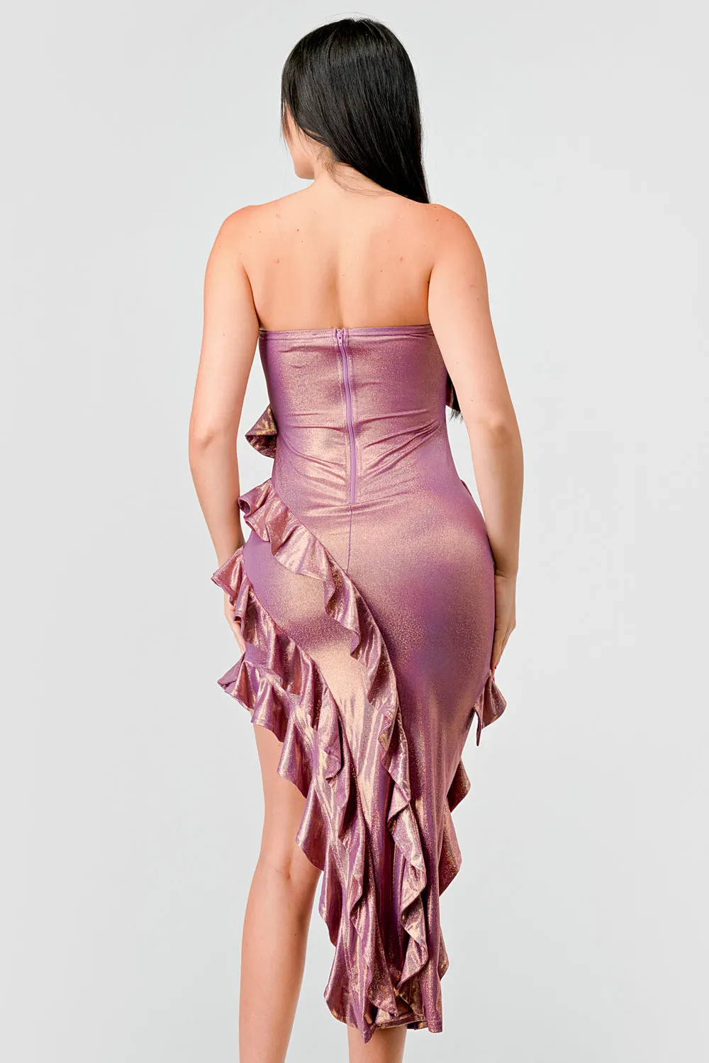 FOILED METALLIC RUFFLED TIERED SLITTED MIDI DRESS sold by privy product image thumbnail 4