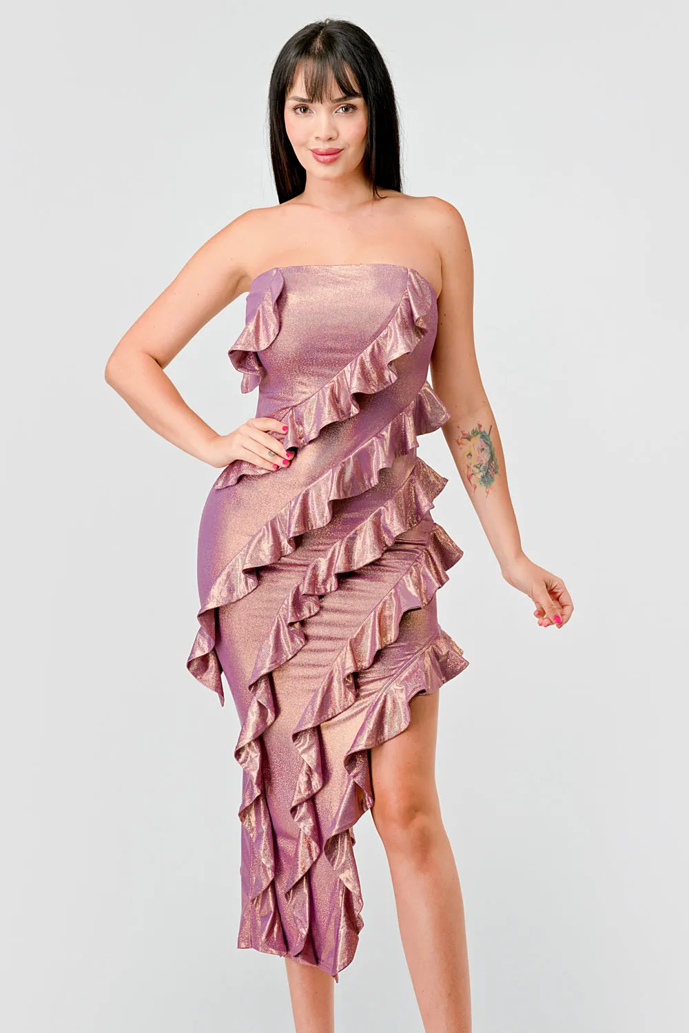 FOILED METALLIC RUFFLED TIERED SLITTED MIDI DRESS sold by privy