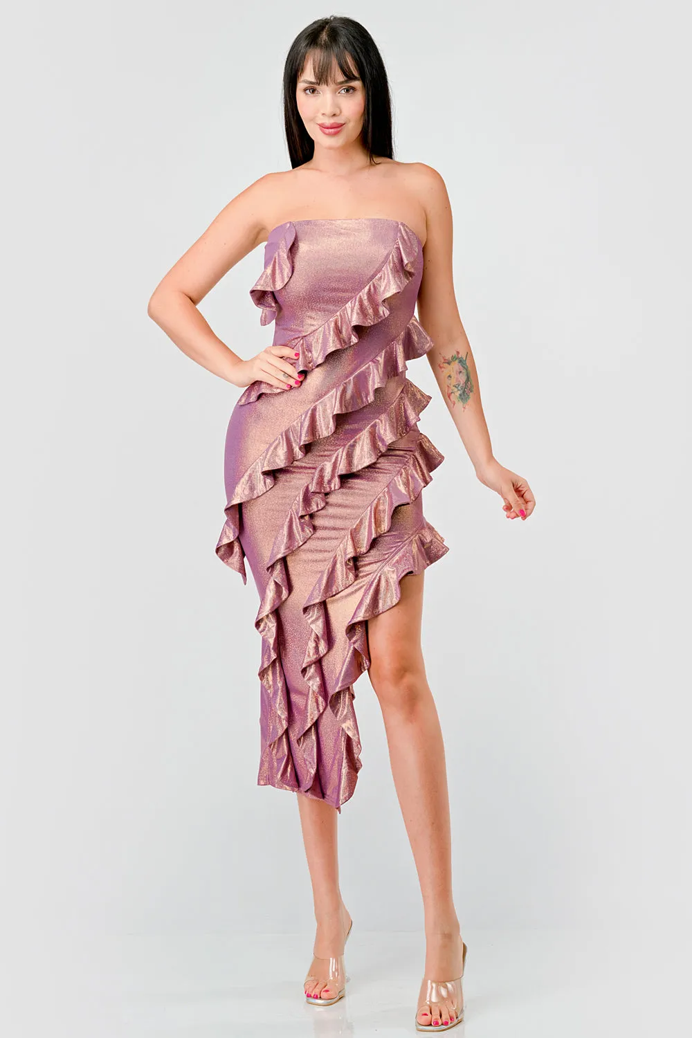FOILED METALLIC RUFFLED TIERED SLITTED MIDI DRESS sold by privy product image thumbnail 5