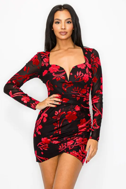 FLORAL MESH VELVET BURNOUT SWEETHEART MINI DRESS sold by privy