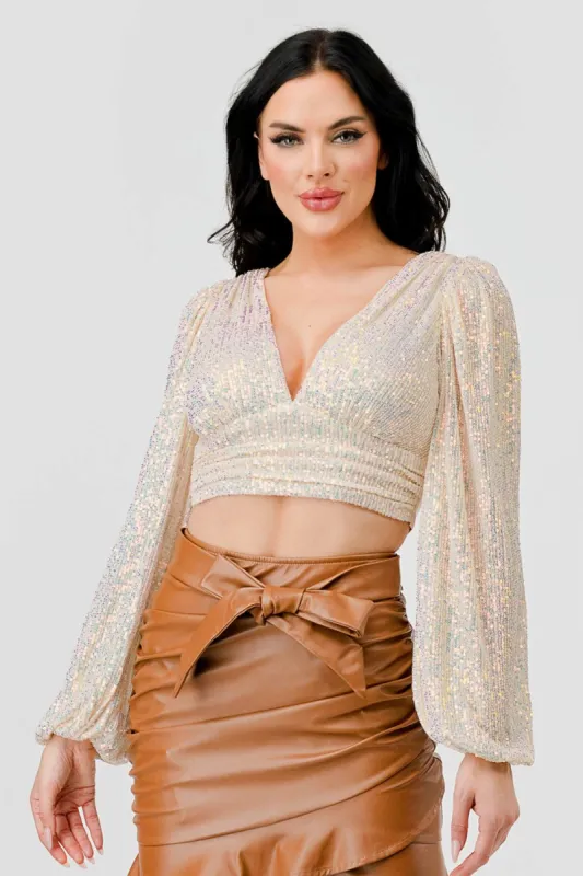 LUX SEQUINS DEEP-V SATIN OPEN BACK-TIE CROPPED TOP sold by privy