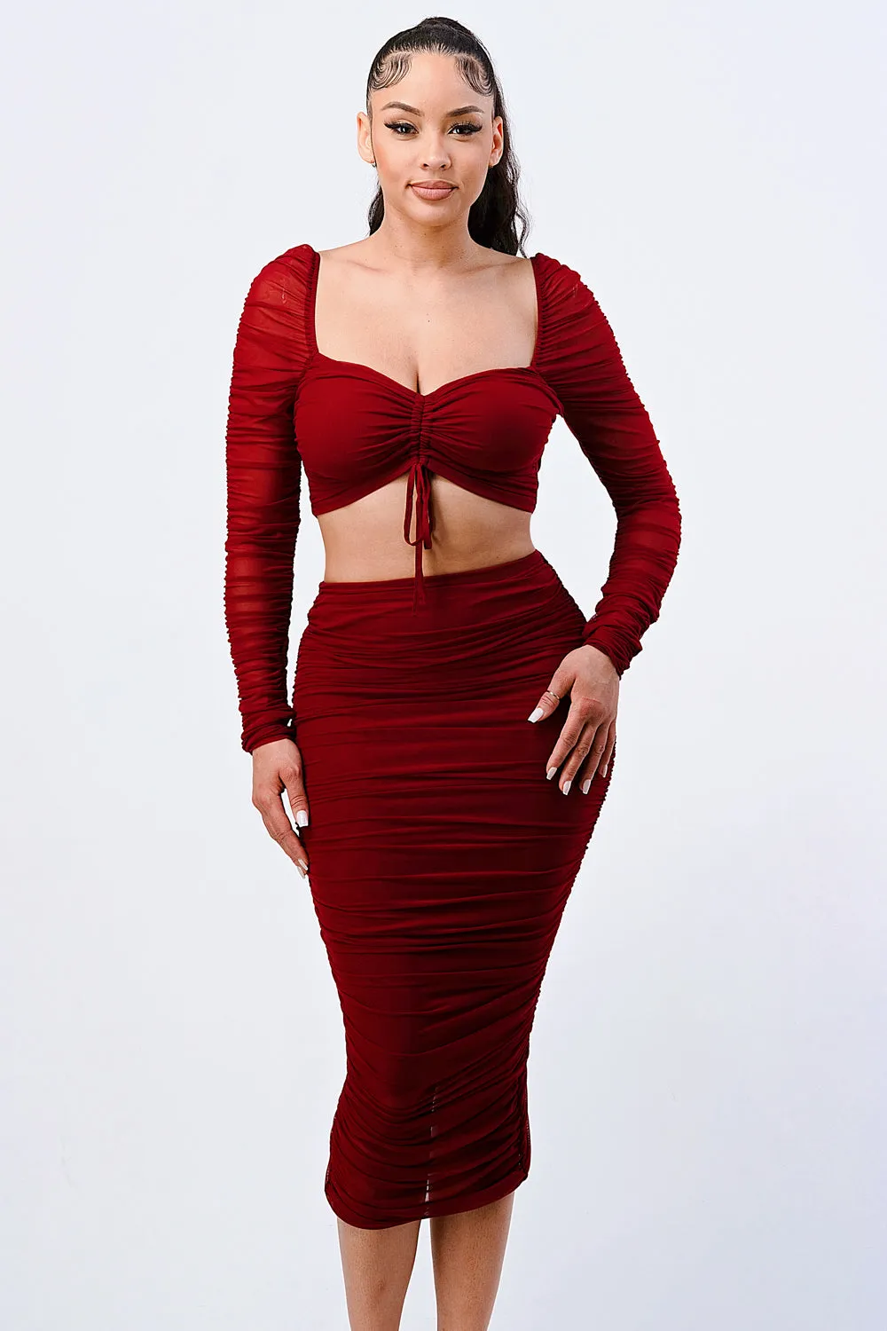 RUCHED SHEER LONG SLEEVE TOP AND MIDI SKIRT SET sold by privy