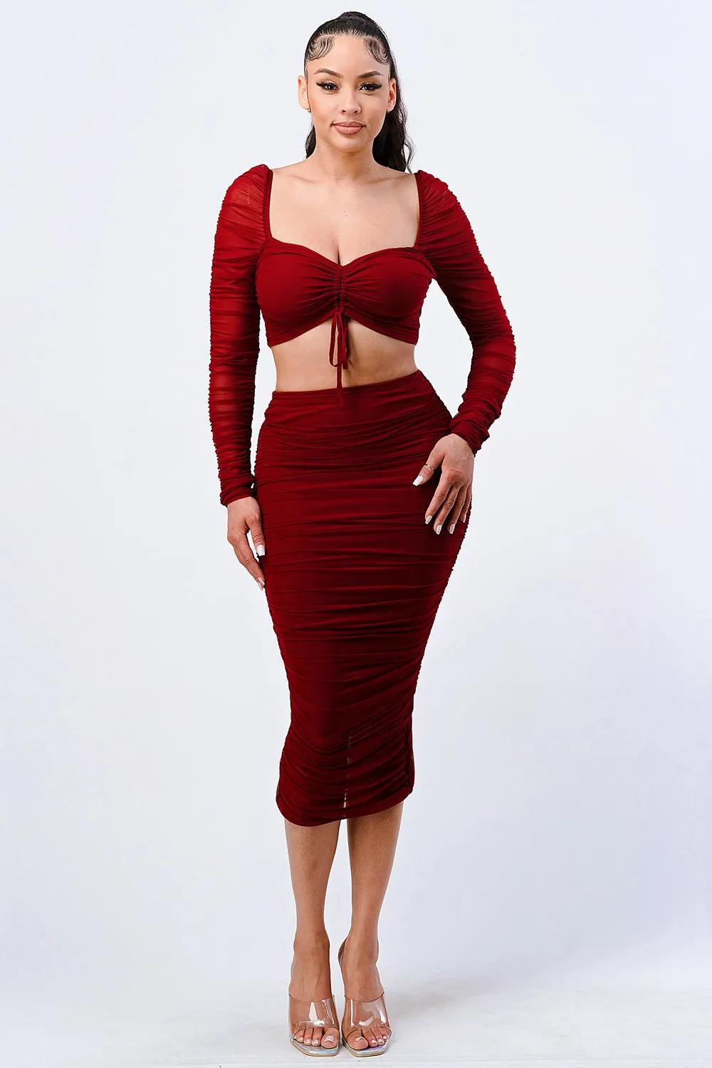 RUCHED SHEER LONG SLEEVE TOP AND MIDI SKIRT SET sold by privy product image thumbnail 5