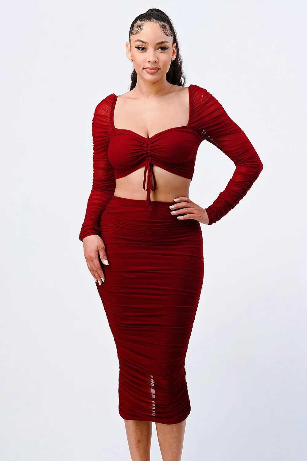 RUCHED SHEER LONG SLEEVE TOP AND MIDI SKIRT SET sold by privy product image thumbnail 2