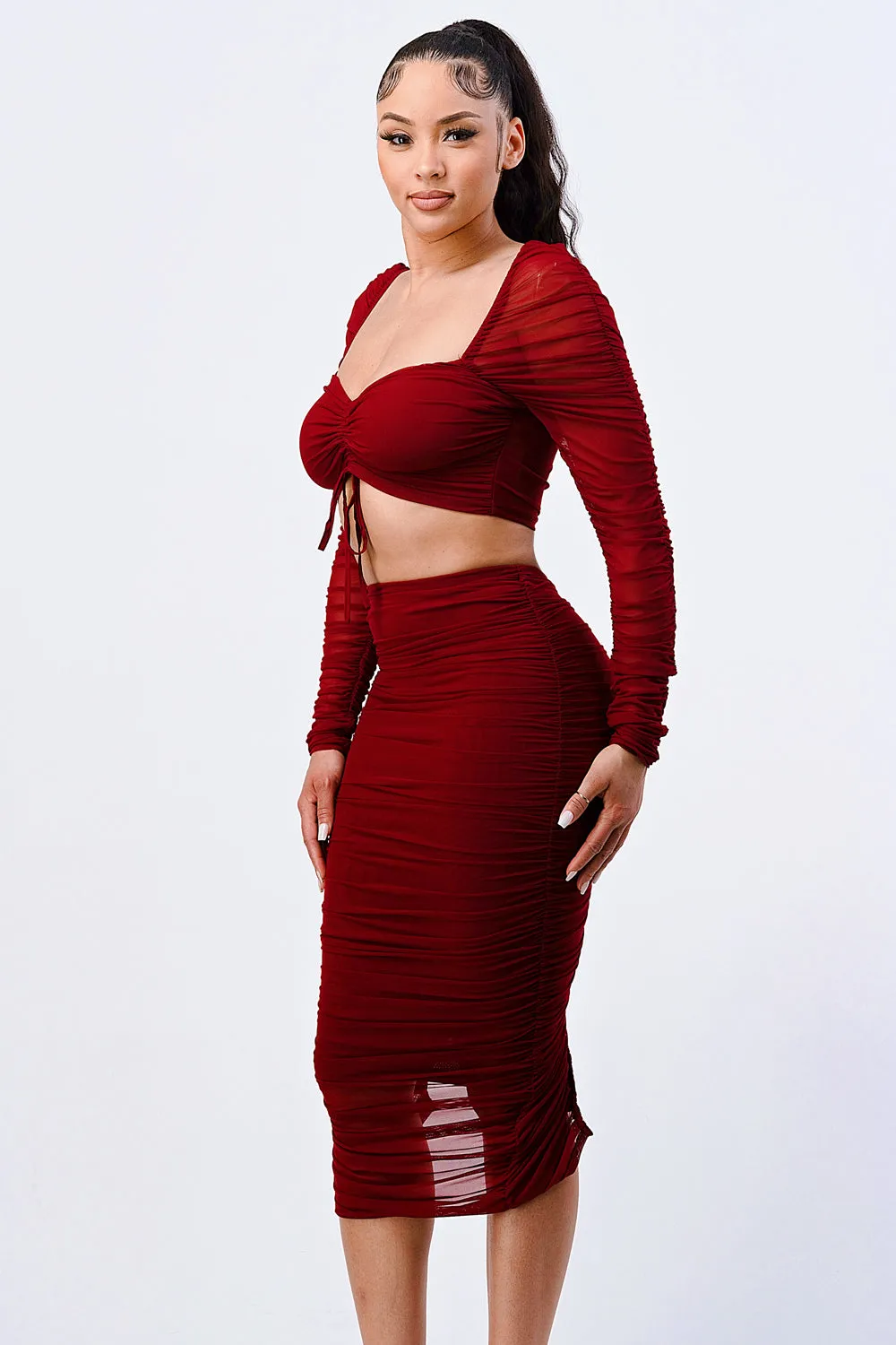 RUCHED SHEER LONG SLEEVE TOP AND MIDI SKIRT SET sold by privy product image thumbnail 3