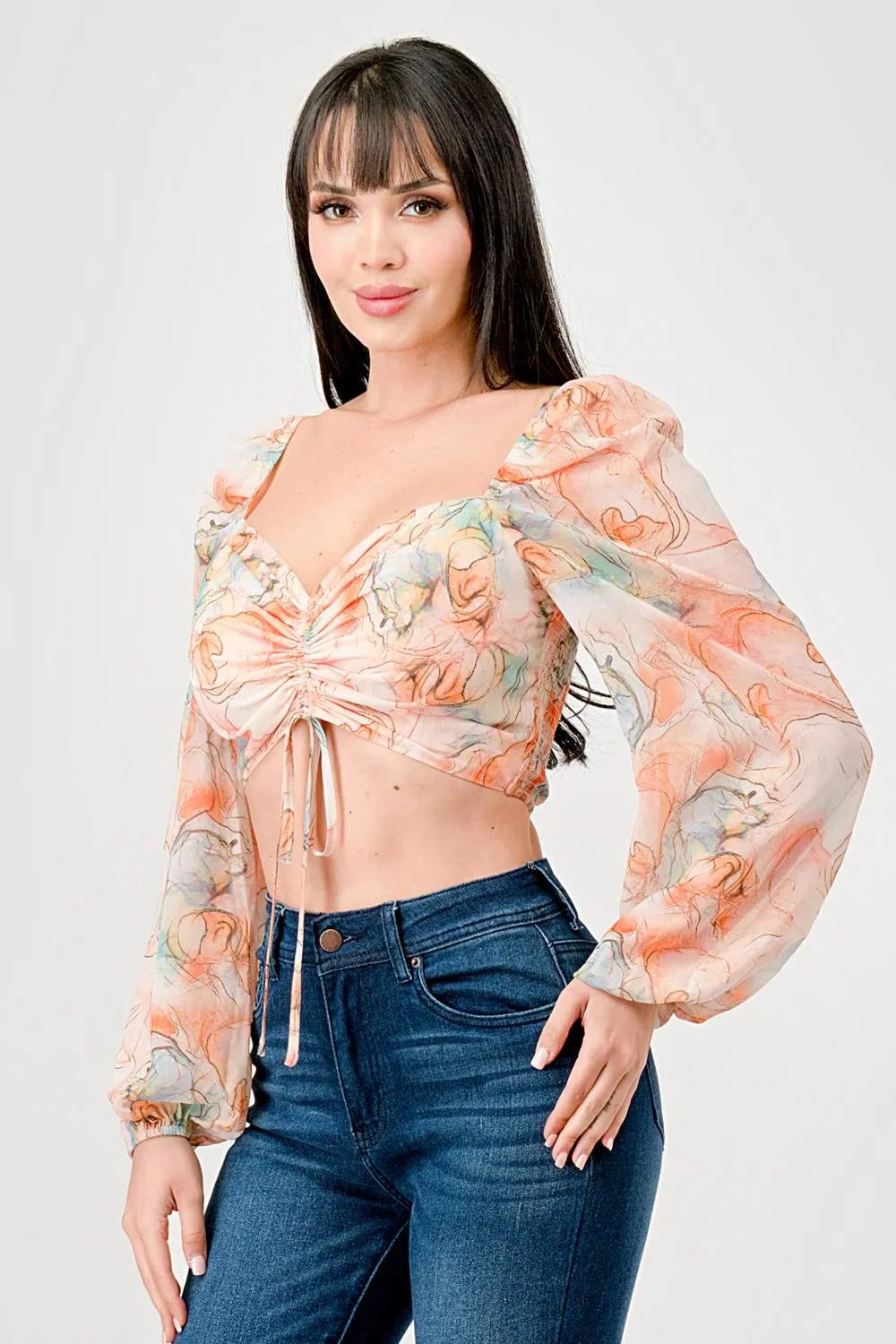 ROMANTIC PRINT CHIFFON RUCHED SWEETHEART CROP TOP sold by privy product image thumbnail 2