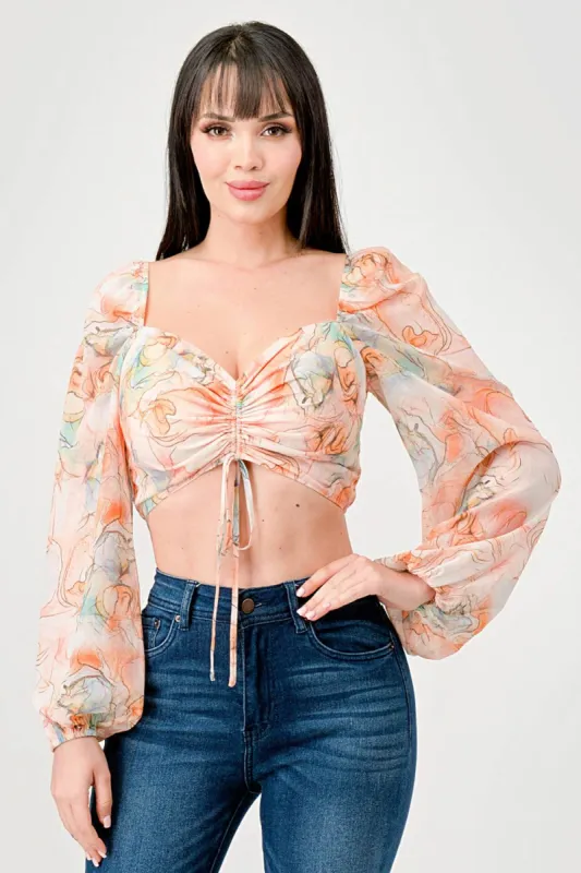 ROMANTIC PRINT CHIFFON RUCHED SWEETHEART CROP TOP sold by privy
