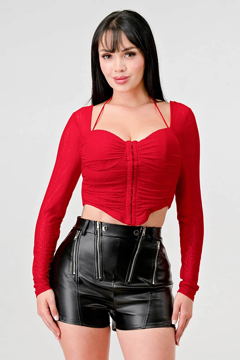 PT43482NST- / SEXY MESH CURVED HEM BACK NECK TIE CROP TOP sold by privy