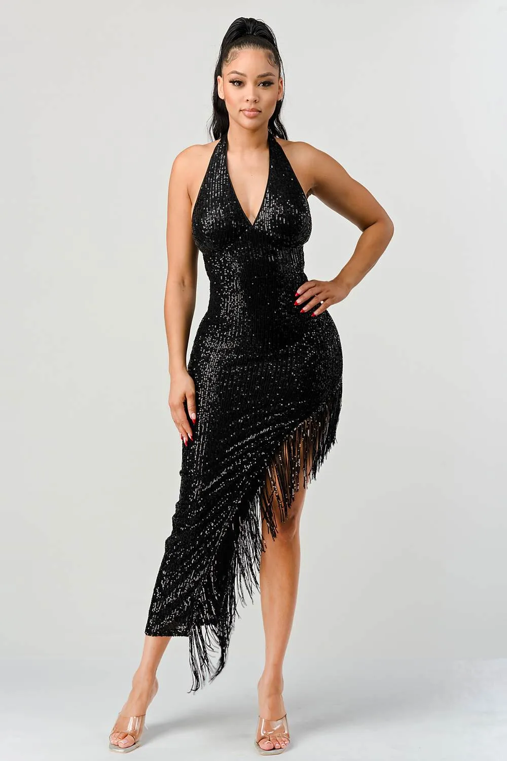 LUXE SEQUINS HALTER TASSLE FRINGE MAXI DRESS sold by privy product image thumbnail 5
