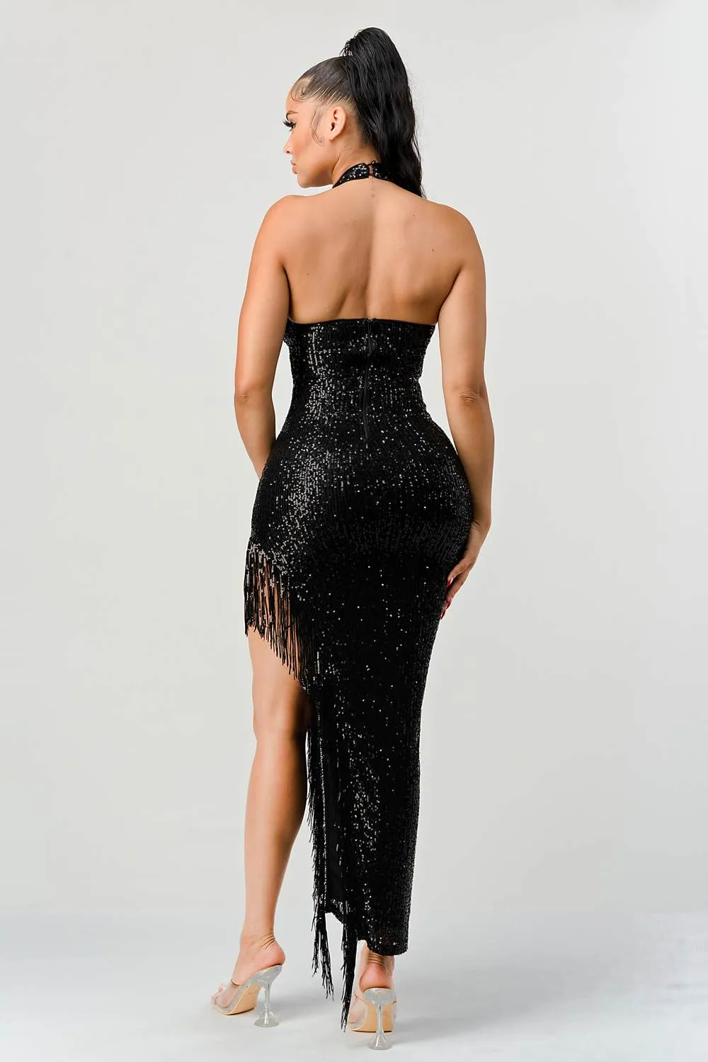 LUXE SEQUINS HALTER TASSLE FRINGE MAXI DRESS sold by privy product image thumbnail 4