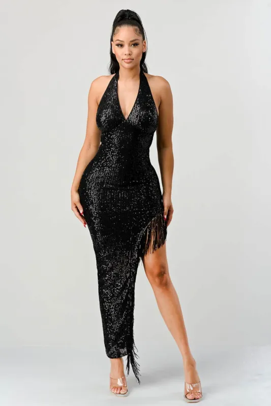 LUXE SEQUINS HALTER TASSLE FRINGE MAXI DRESS sold by privy