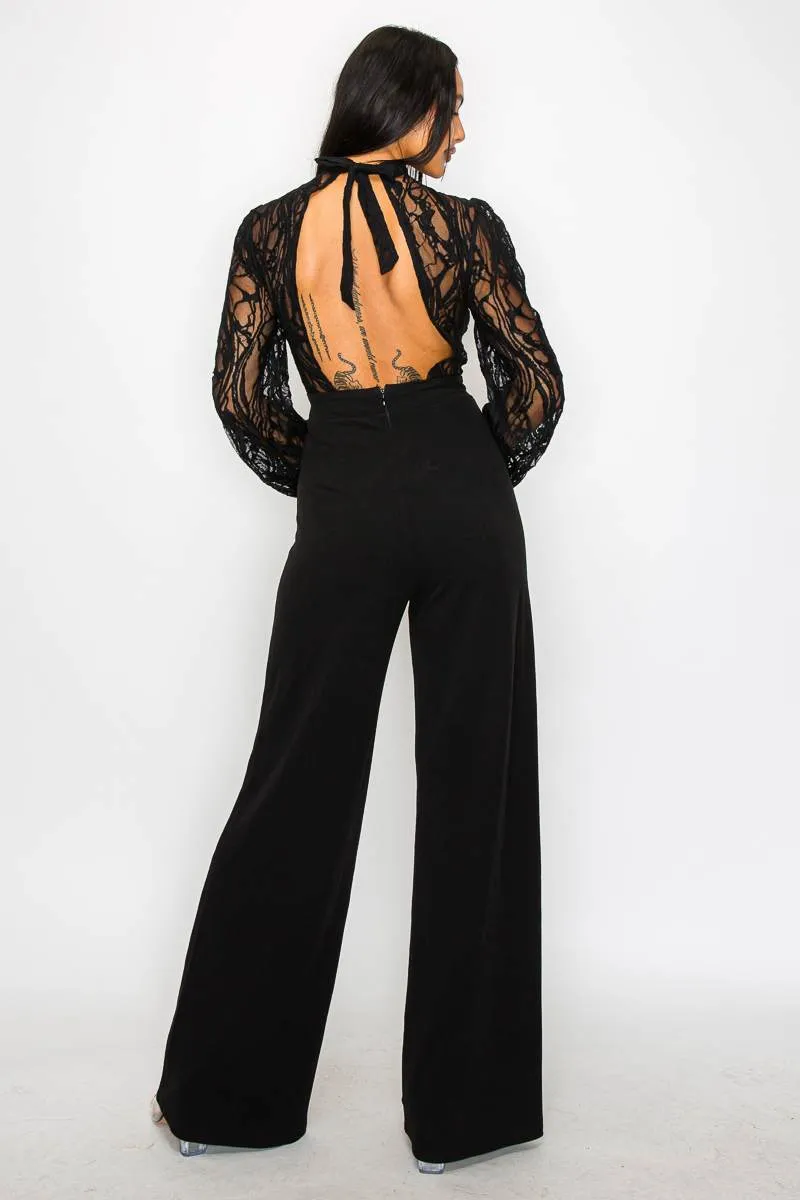 LUXE CREPE SEE-THRU LACE HALTER OPEN BACK JUMPSUIT sold by privy product image thumbnail 3