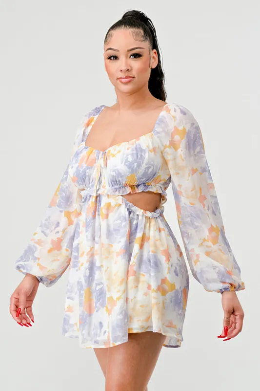 PASTEL FLORAL SQUARE RUFFLED SIDE CUT MINI DRESS sold by privy