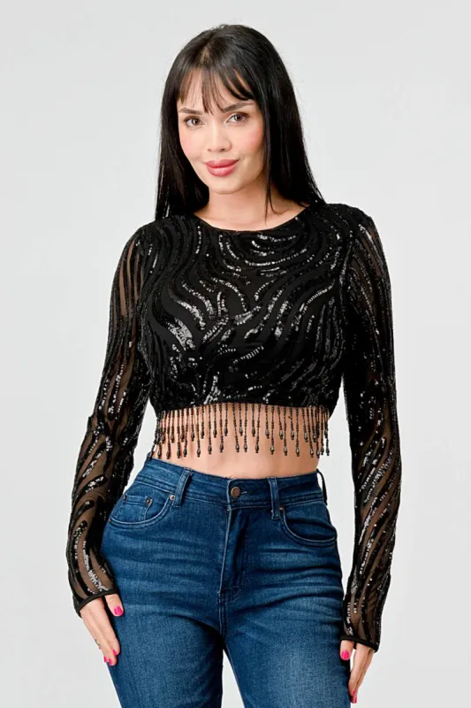 LUXE WAVE SEQUINS STONE FRINGE DETAIL CROPPED TOP sold by privy