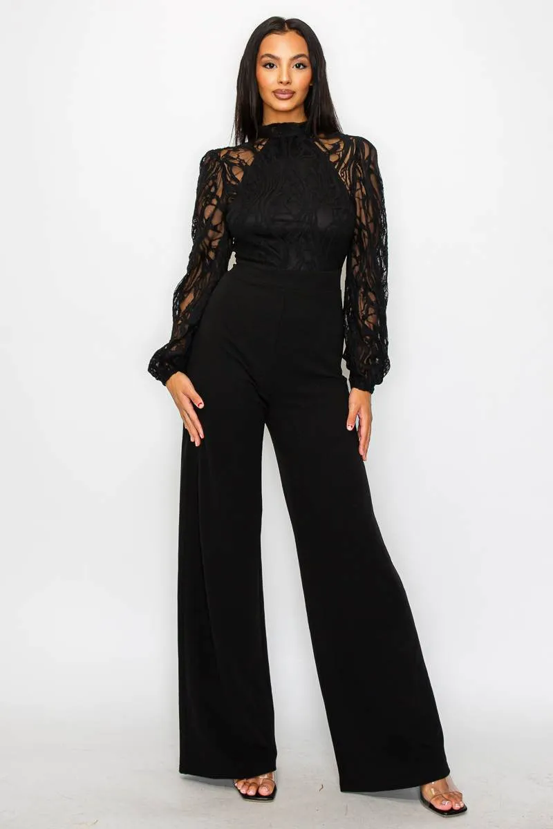 LUXE CREPE SEE-THRU LACE HALTER OPEN BACK JUMPSUIT sold by privy product image thumbnail 4