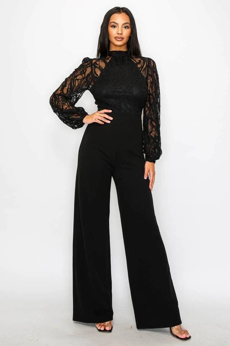 LUXE CREPE SEE-THRU LACE HALTER OPEN BACK JUMPSUIT sold by privy