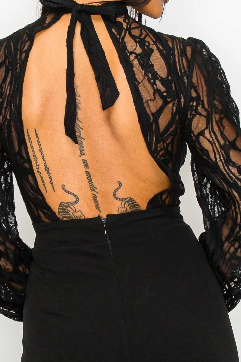 LUXE CREPE SEE-THRU LACE HALTER OPEN BACK JUMPSUIT sold by privy product image thumbnail 5