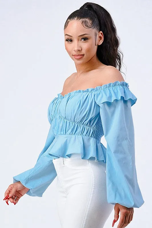 OFF SHOULDER SMOCKED RUFFLED CROP TOP sold by privy product image thumbnail 2