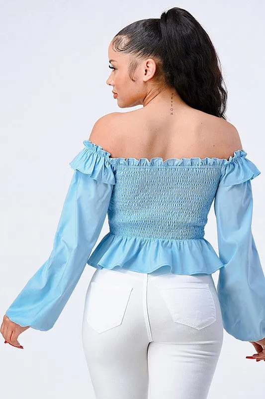 OFF SHOULDER SMOCKED RUFFLED CROP TOP sold by privy product image thumbnail 3