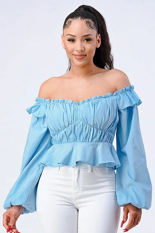 OFF SHOULDER SMOCKED RUFFLED CROP TOP sold by privy
