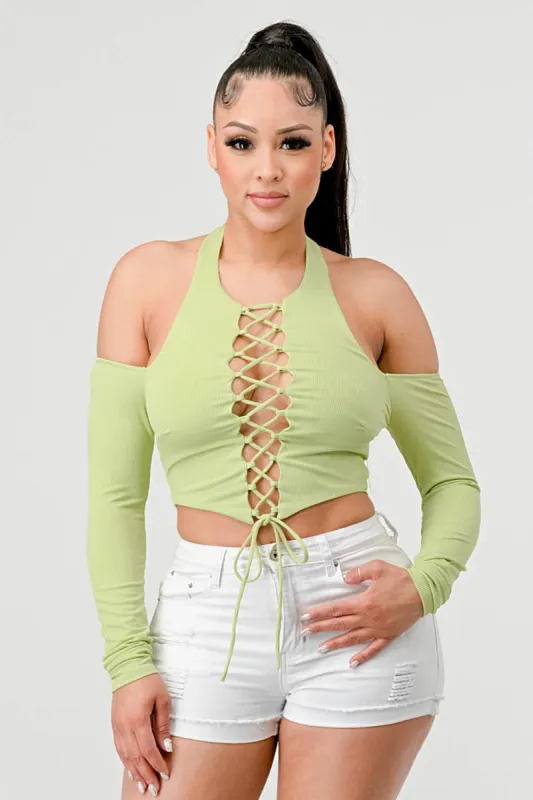 PT42908B / RIB DRAWSTRING LACE UP OPEN SHOULDER CROPPED TOP sold by privy