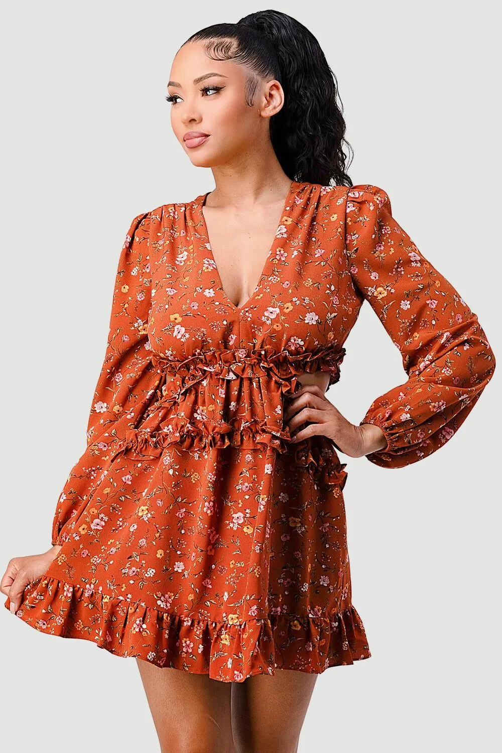 FLORAL PRINT V-NECK RUFFLE SIDE CUTOUTS MINI DRESS sold by privy