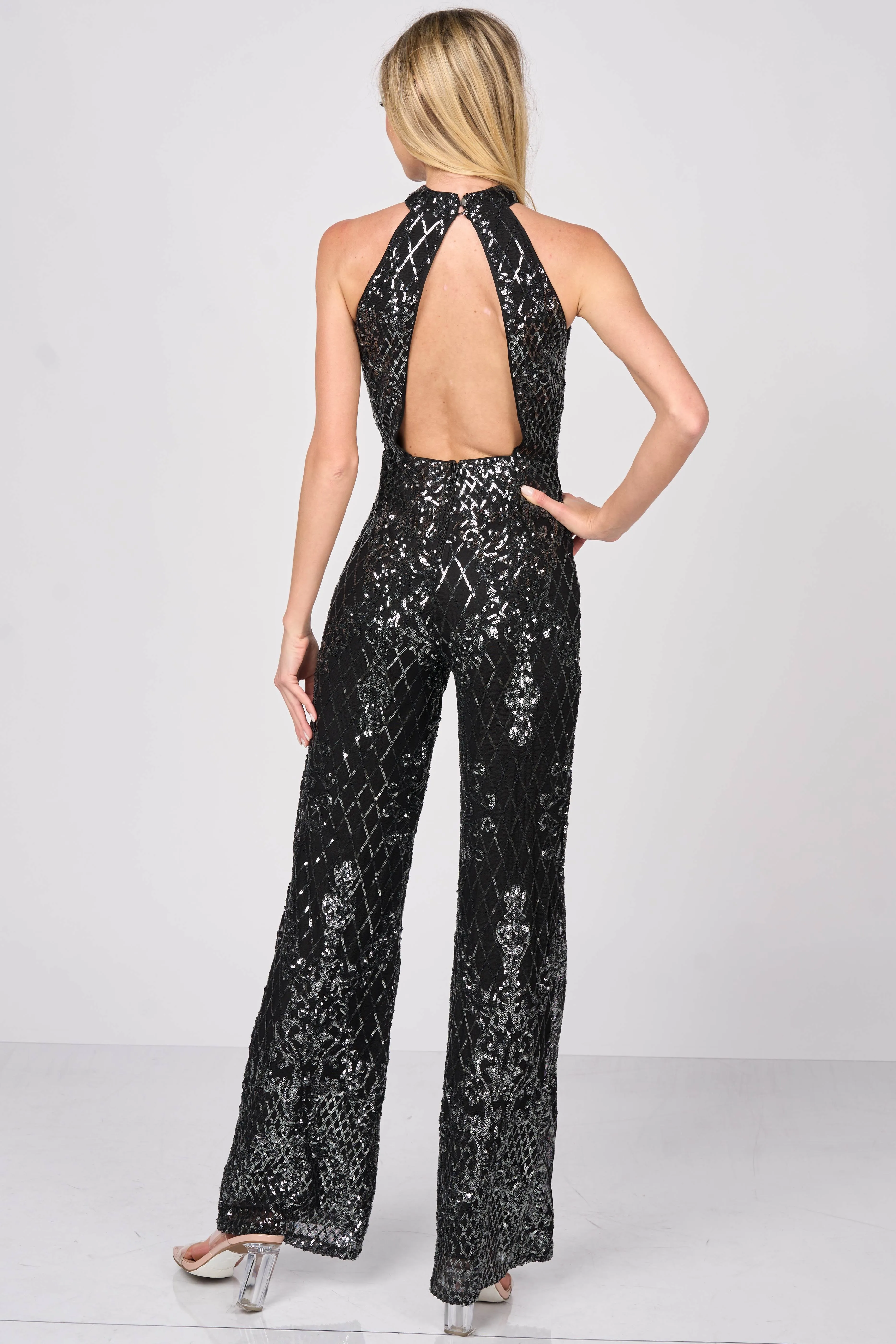 LUXE SEQUINS HALTER MOCK NECK WIDE LEGS JUMPSUIT sold by privy product image thumbnail 3