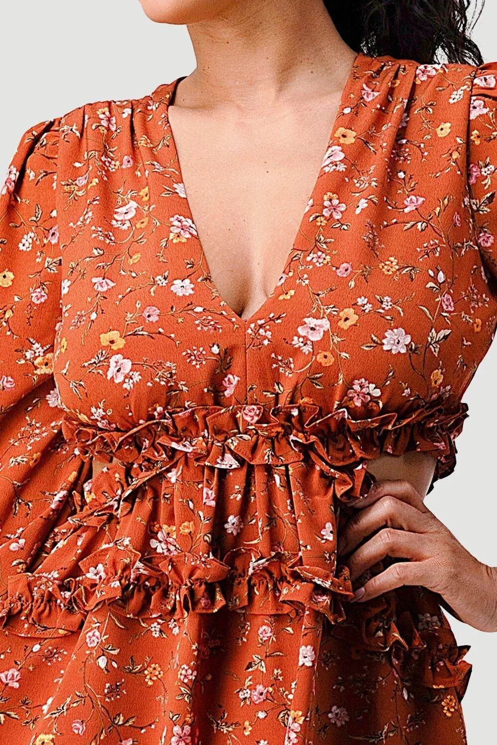 FLORAL PRINT V-NECK RUFFLE SIDE CUTOUTS MINI DRESS sold by privy product image thumbnail 5