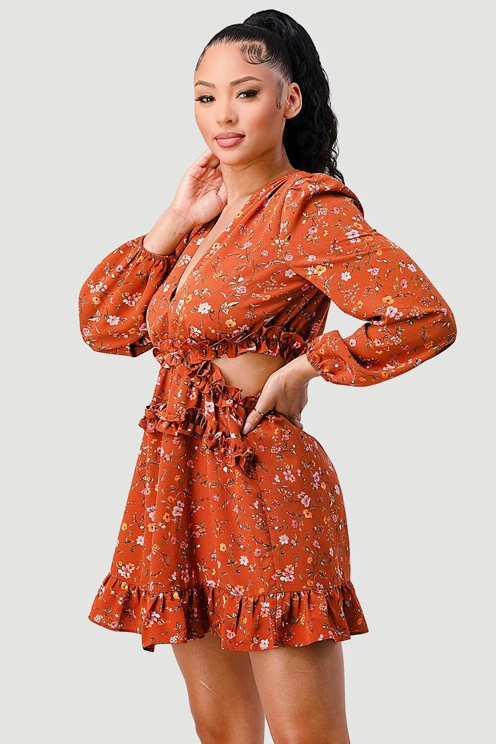 FLORAL PRINT V-NECK RUFFLE SIDE CUTOUTS MINI DRESS sold by privy product image thumbnail 2