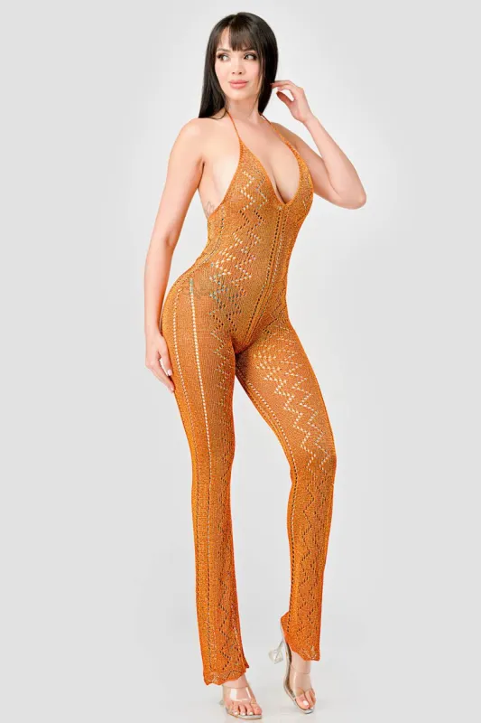 SEXY METALLIC CROCHET HALTERNECK BACK TIE JUMPSUIT sold by privy