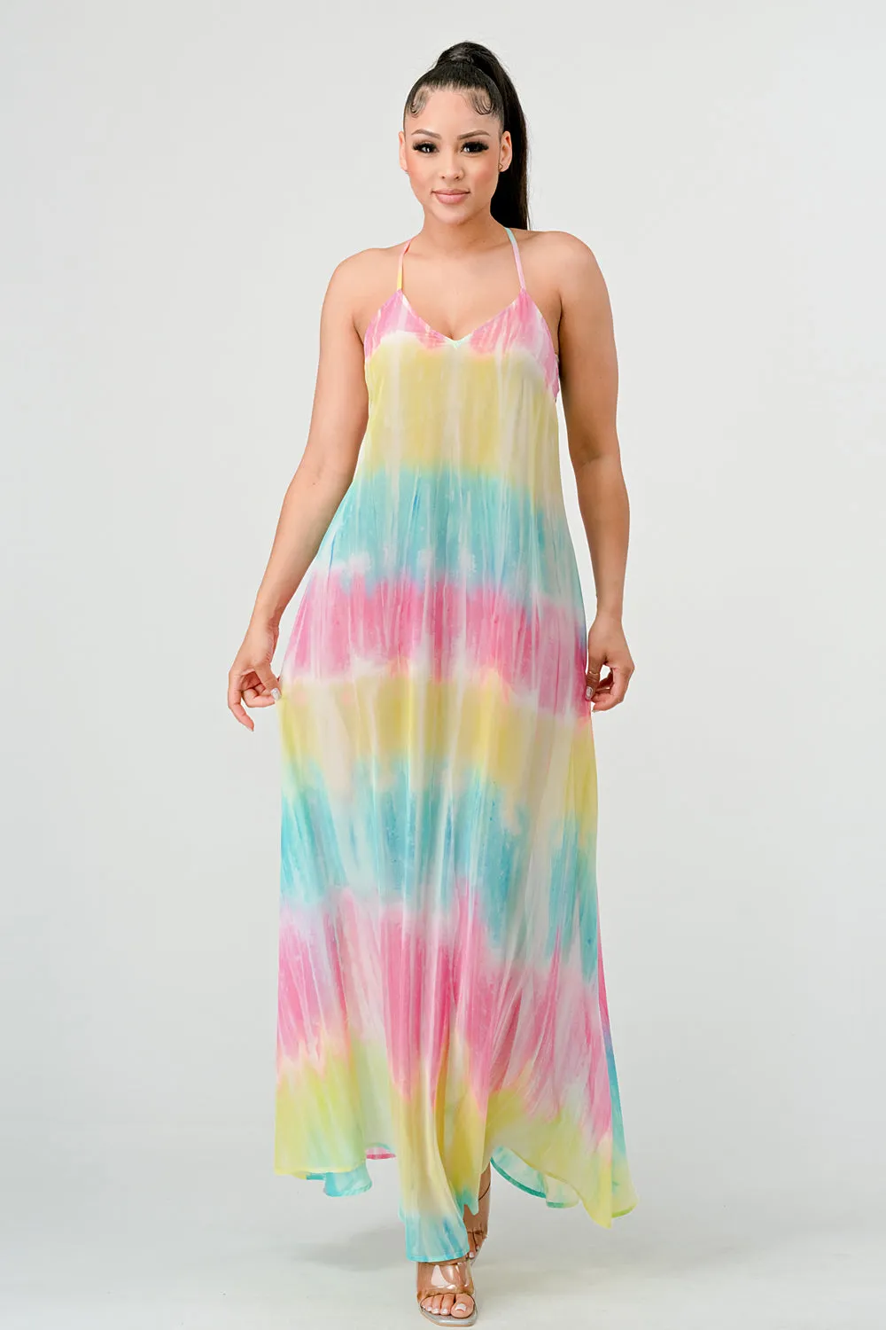 RAINBOW OMBRE TIE DYE CHIFFON RELAXED MAXI DRESS sold by privy