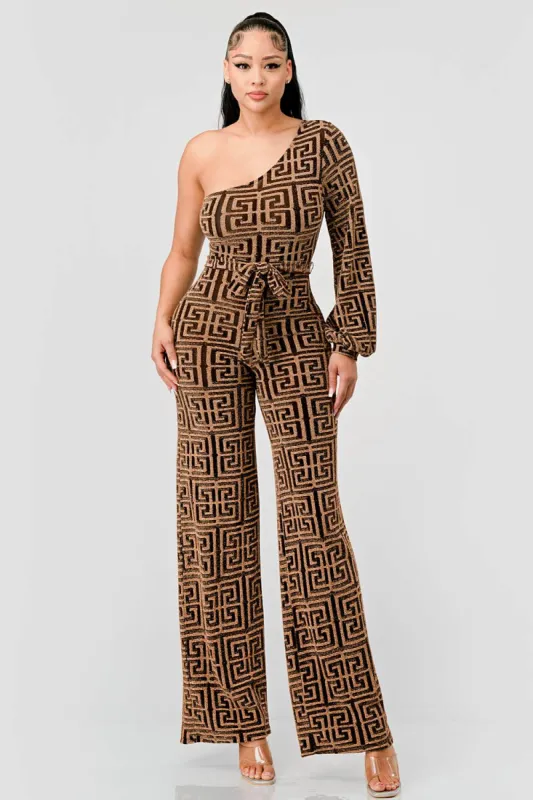 LUXE METALLIC LUREX PRINT ONE SHOULDER JUMPSUIT sold by privy