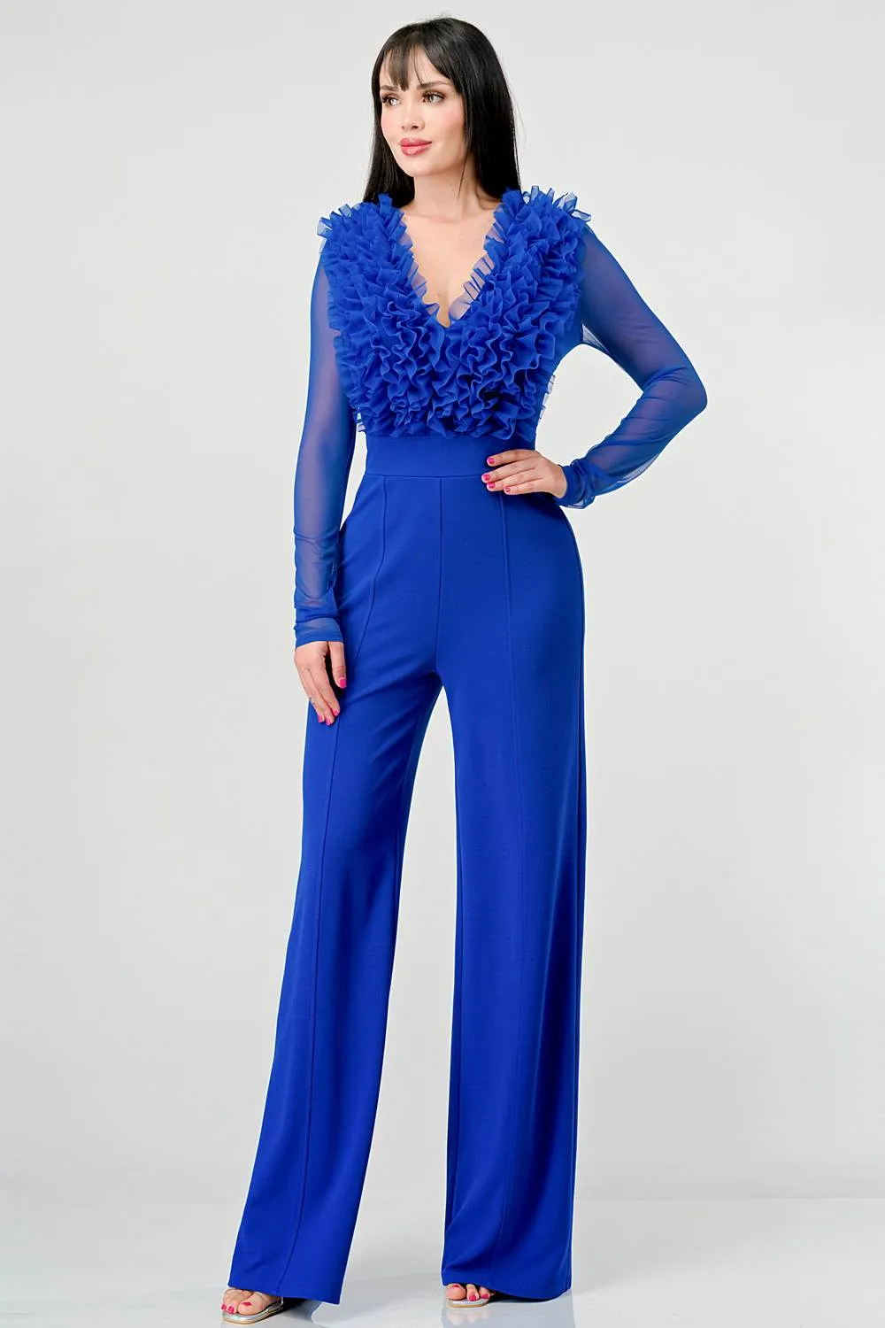 LUXE TECHNO CREPE RUFFLE TRIM V-NECK JUMPSUIT sold by privy