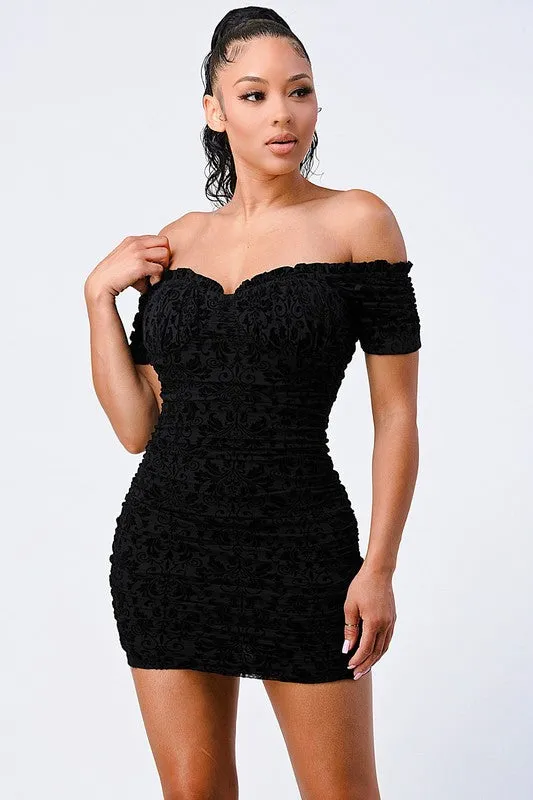 VELVET FLOCKING OFF SHOULDER BODYCON MINI DRESS sold by privy