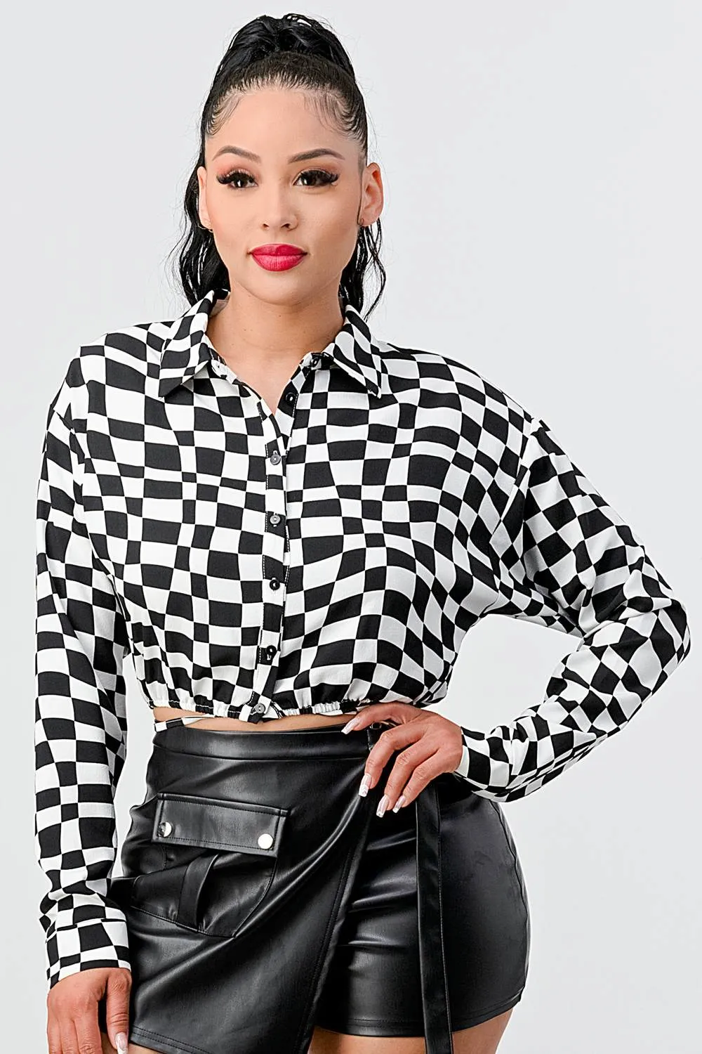 GEO PRINT COLLARED BUTTONS CROPPED SHIRT sold by privy