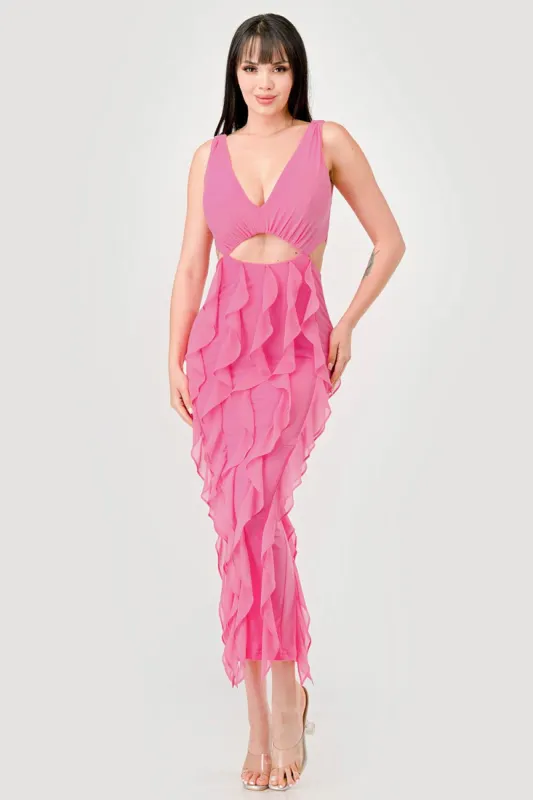 SEXY MESH RUFFLED V-NECK WITH CUTOUTS MIDI DRESS sold by privy
