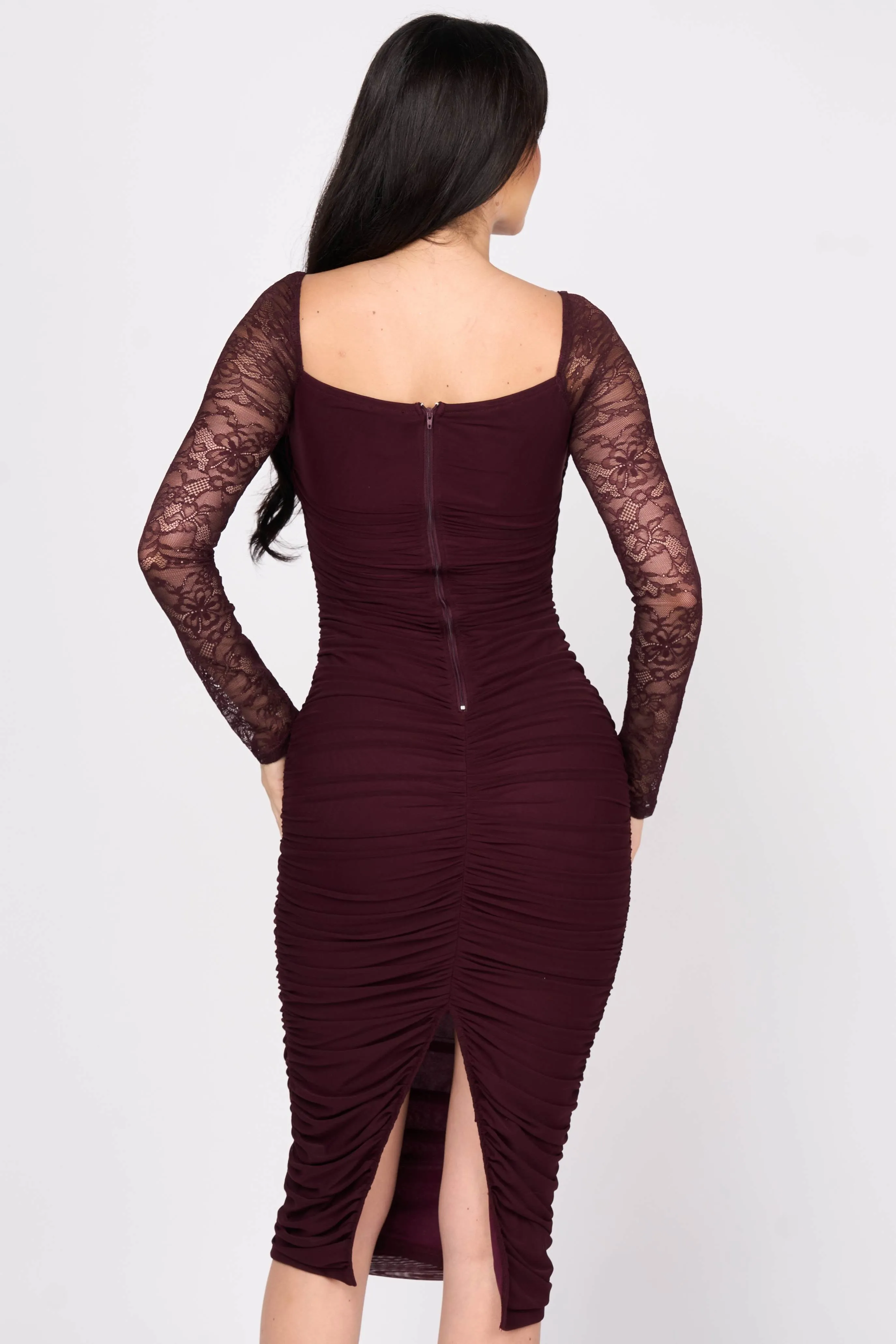 LUXE MESH LACE TRIM SWEETHEART RUCHED MIDI DRESS sold by privy product image thumbnail 4