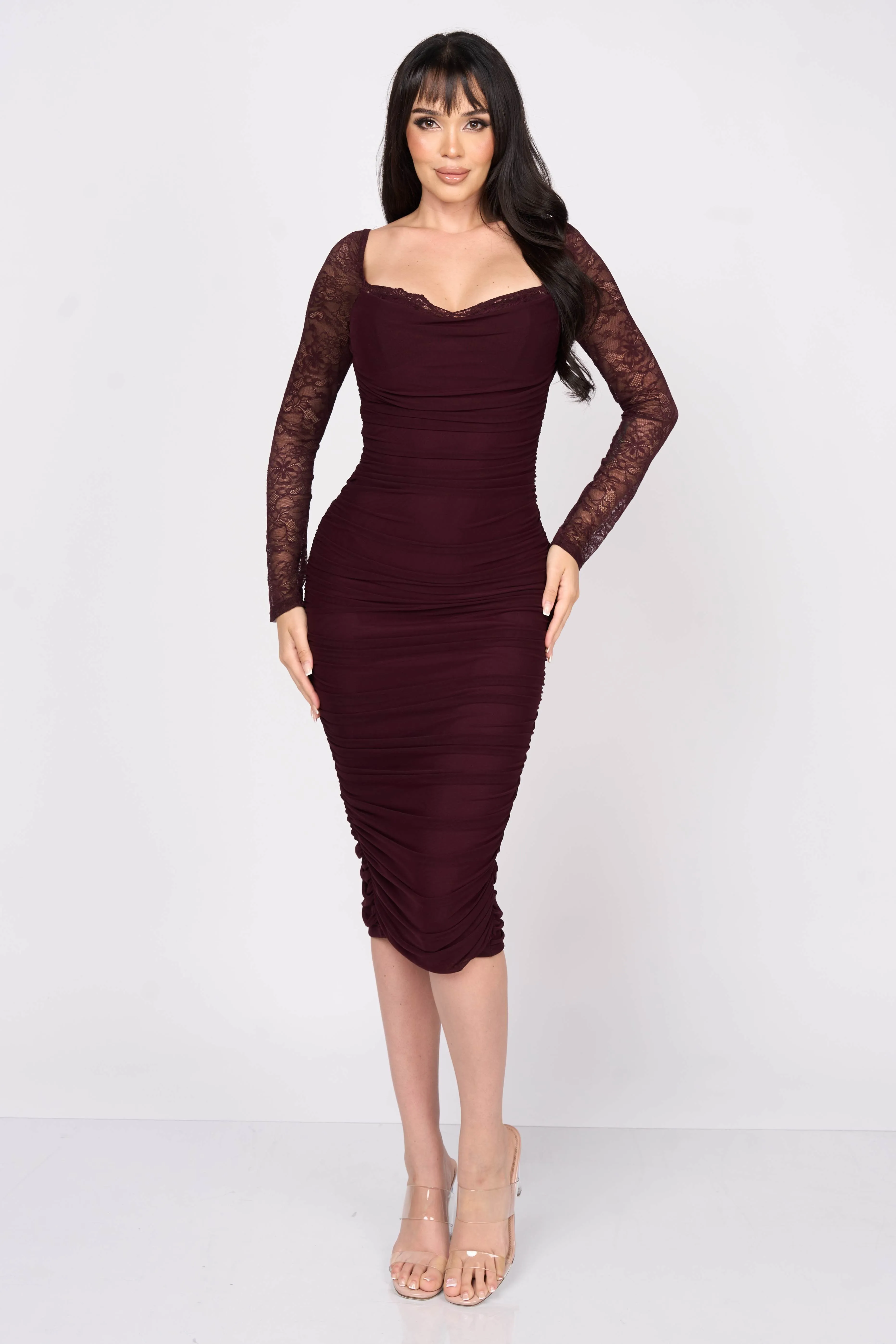 LUXE MESH LACE TRIM SWEETHEART RUCHED MIDI DRESS sold by privy product image thumbnail 5