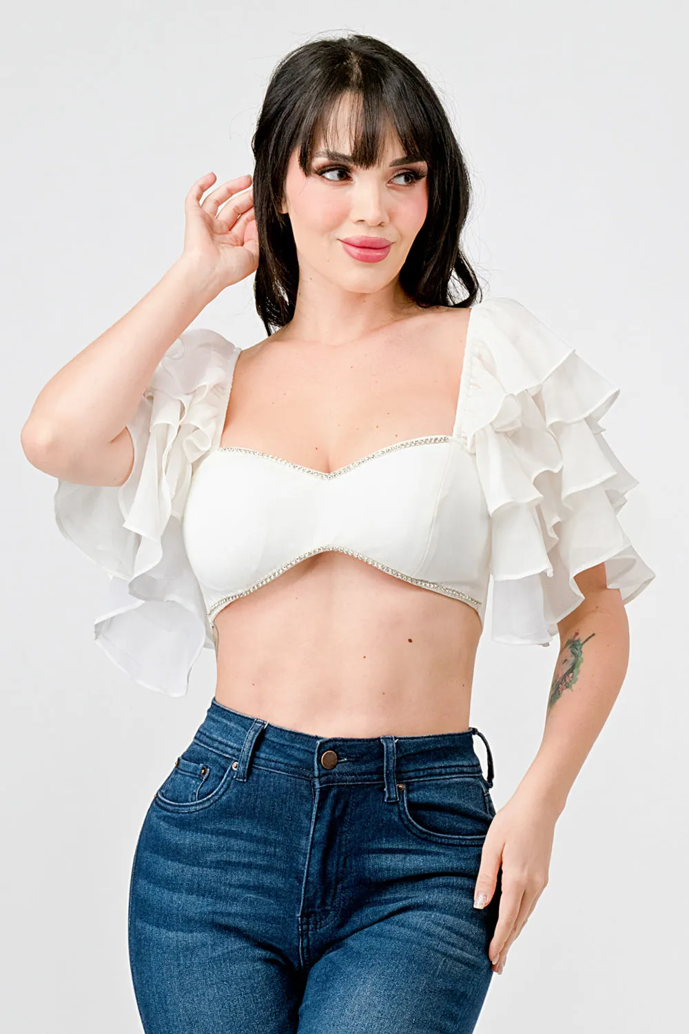 TECHNO CREPE SWEETHEART WITH RHINESTONE CROP TOP sold by privy