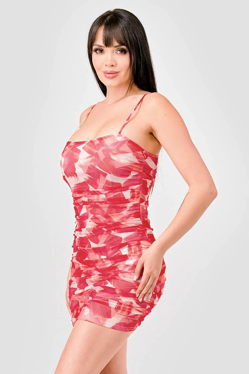 SEXY ABSTRACT PRINTED MESH RUCHED MINI DRESS sold by privy product image thumbnail 3