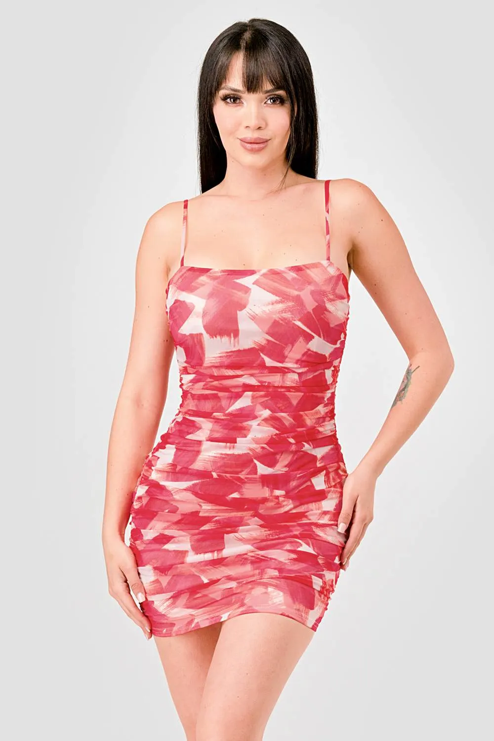 SEXY ABSTRACT PRINTED MESH RUCHED MINI DRESS sold by privy