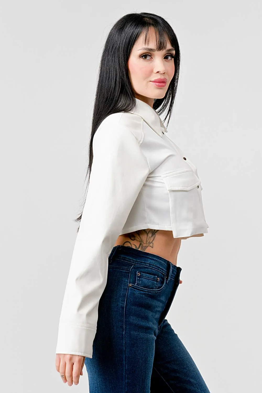 CHIC PU BOLERO STRETCH WOVEN BUTTON DOWN CROP TOP sold by privy product image thumbnail 3