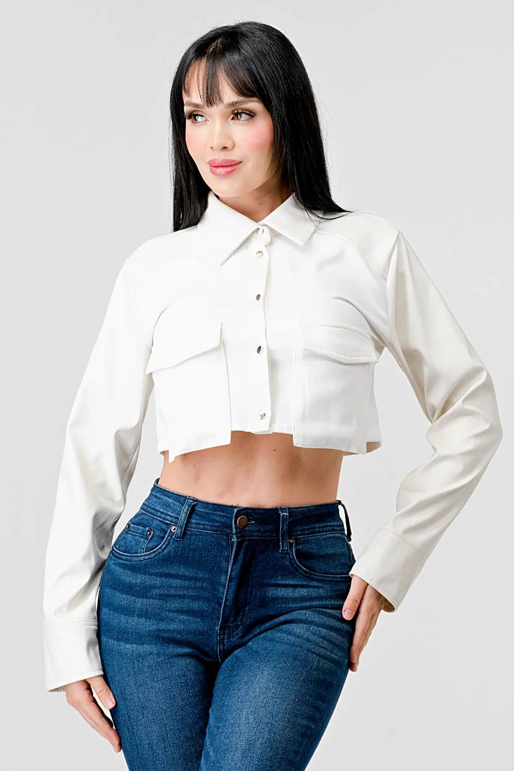 CHIC PU BOLERO STRETCH WOVEN BUTTON DOWN CROP TOP sold by privy