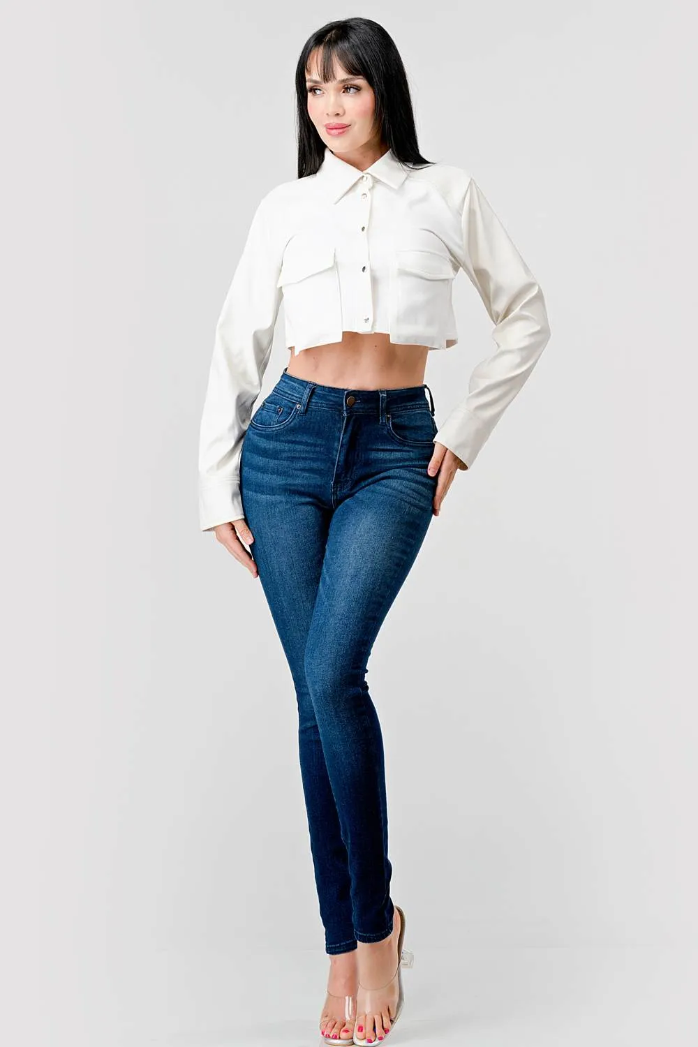 CHIC PU BOLERO STRETCH WOVEN BUTTON DOWN CROP TOP sold by privy product image thumbnail 5