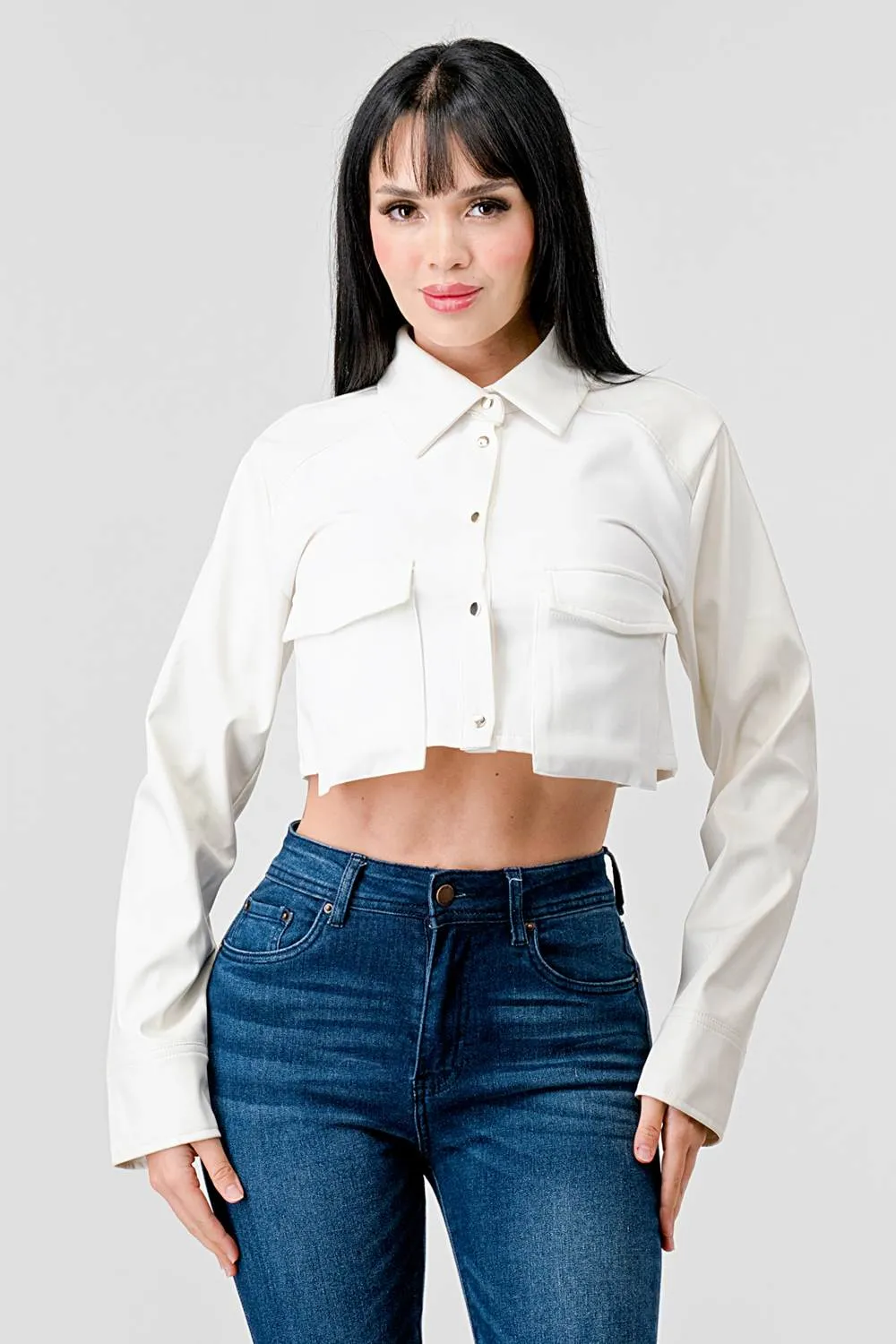 CHIC PU BOLERO STRETCH WOVEN BUTTON DOWN CROP TOP sold by privy product image thumbnail 2