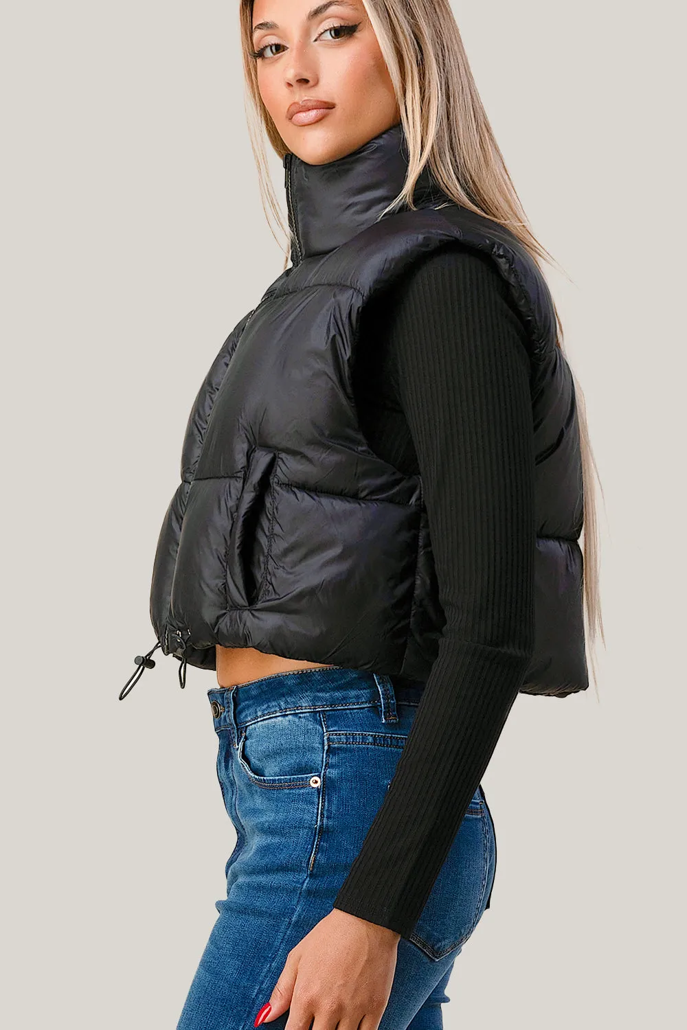 ZIP UP MOCK NECK CROP VEST QUILTED PUFFER JACKET sold by privy product image thumbnail 3