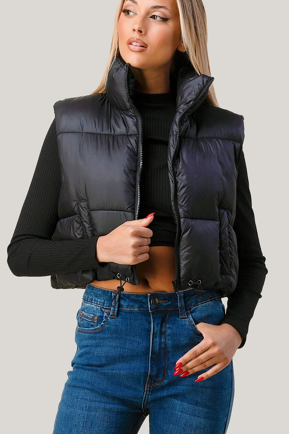 ZIP UP MOCK NECK CROP VEST QUILTED PUFFER JACKET sold by privy