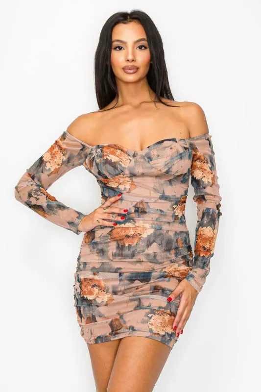 VINTAGE GOLD MESH PRINT OFF SHOULDER MINI DRESS sold by privy