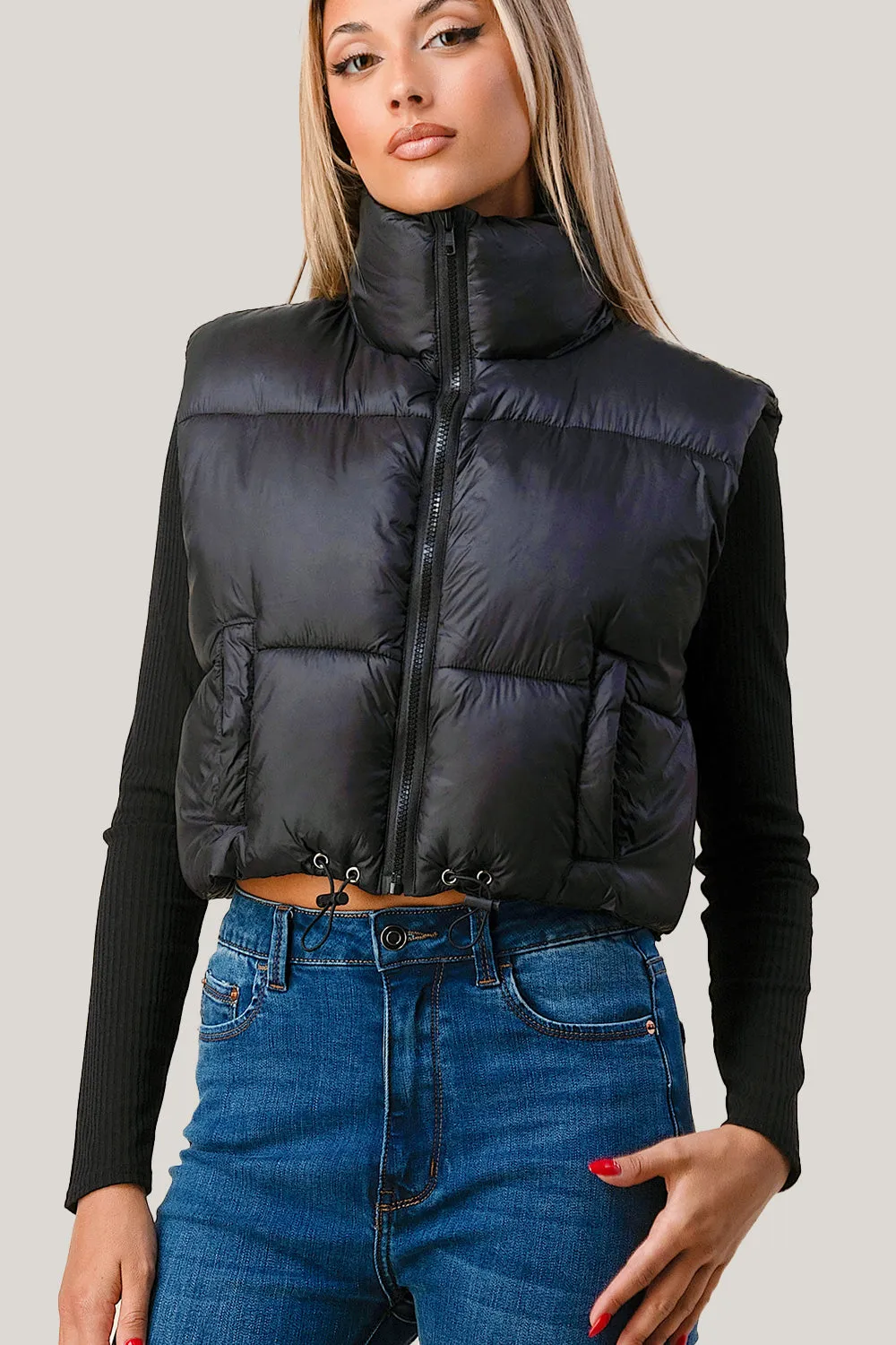 ZIP UP MOCK NECK CROP VEST QUILTED PUFFER JACKET sold by privy product image thumbnail 2